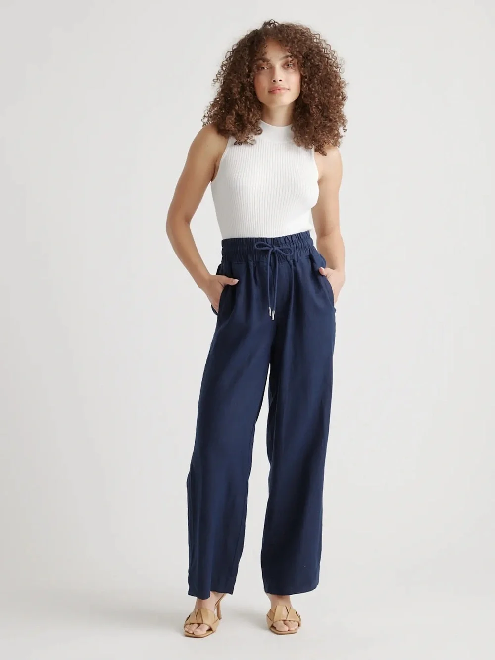 Quince 100% European Linen Wide Leg Drawstring Pants Deep Navy Size Medium